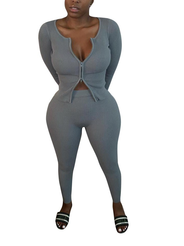 Women Solid Casual Zippered Ribbed Top and Pants Two-piece Set 4