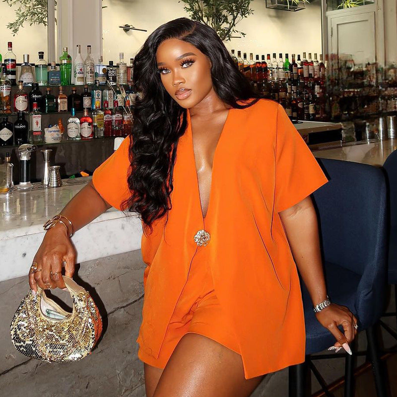 African Fashion Solid Color Short-Sleeved Top High Waist Shorts Women Two-Piece Set 5