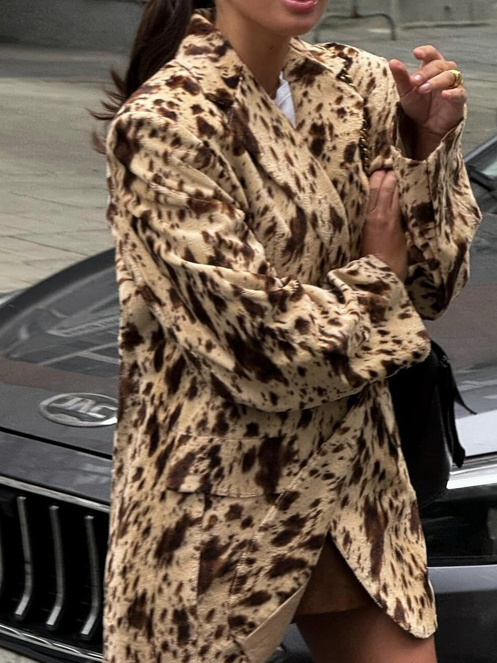 Women Fall Career Brown Printed Long-Sleeved Blazer Coat 5