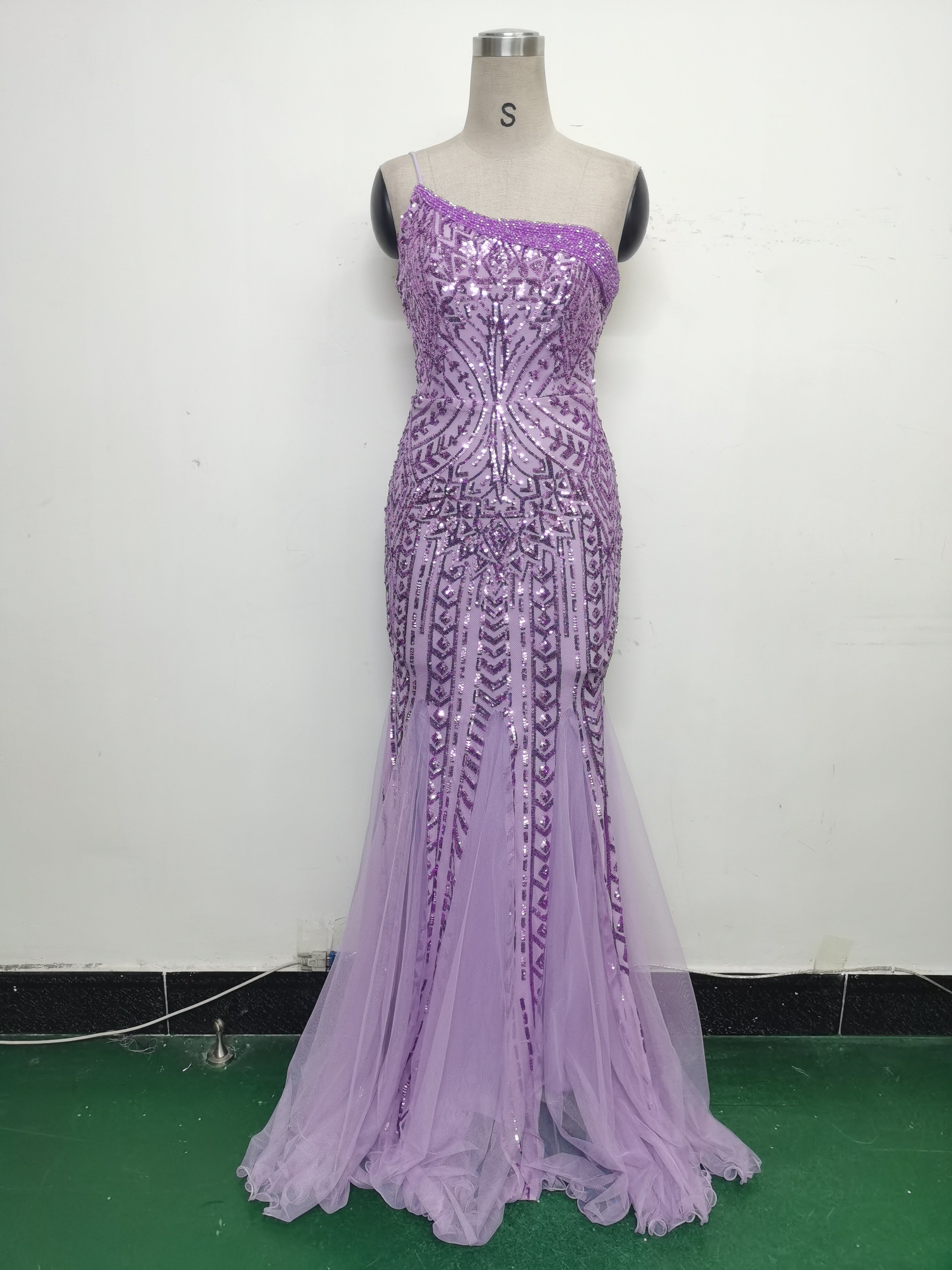 Sexy One Shoulder Sequins Mesh Patchwork Evening Dress 60