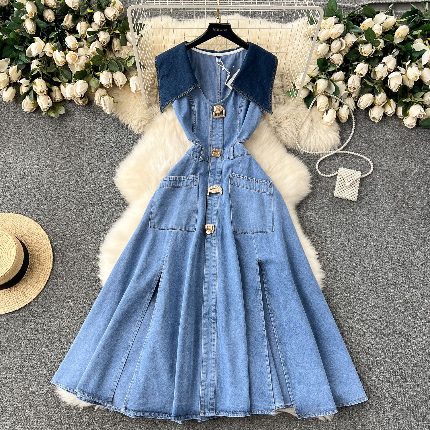 Sleeveless Turn Down Collar Sheer Waist Cut Out Denim Dress 4