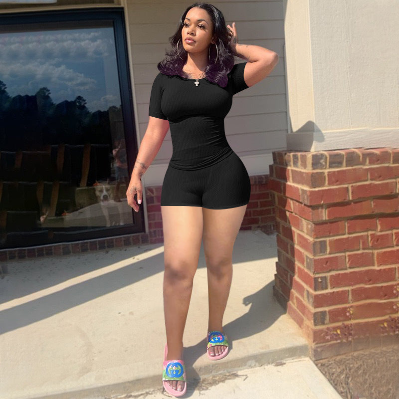 Women Sexy Solid Short Sleeve Top and Shorts Two-piece Set