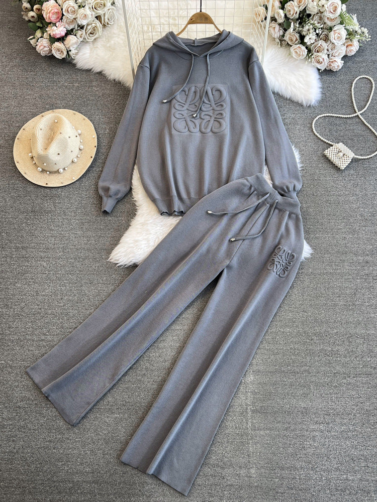 Trendy Women's Oversized Knit Hoodie High-Waisted Wide-Leg Pants Set 5