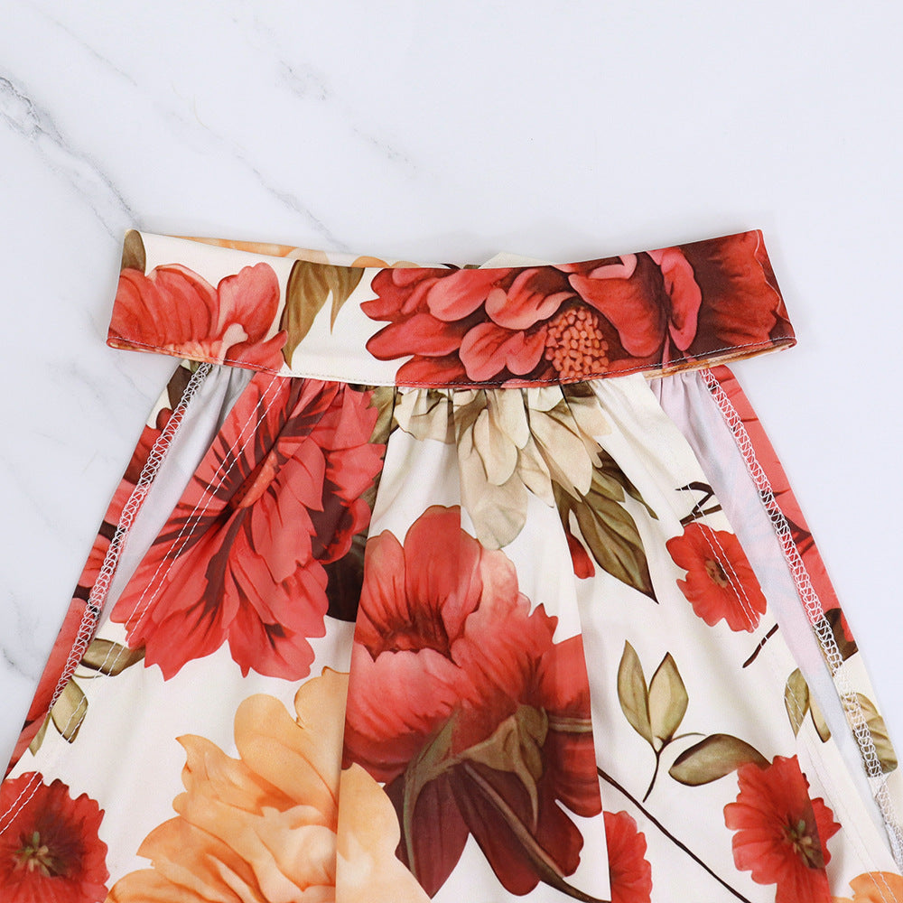 Summer Women's Flower Print Halter Neck Sleeveless Chic Long Dress 9