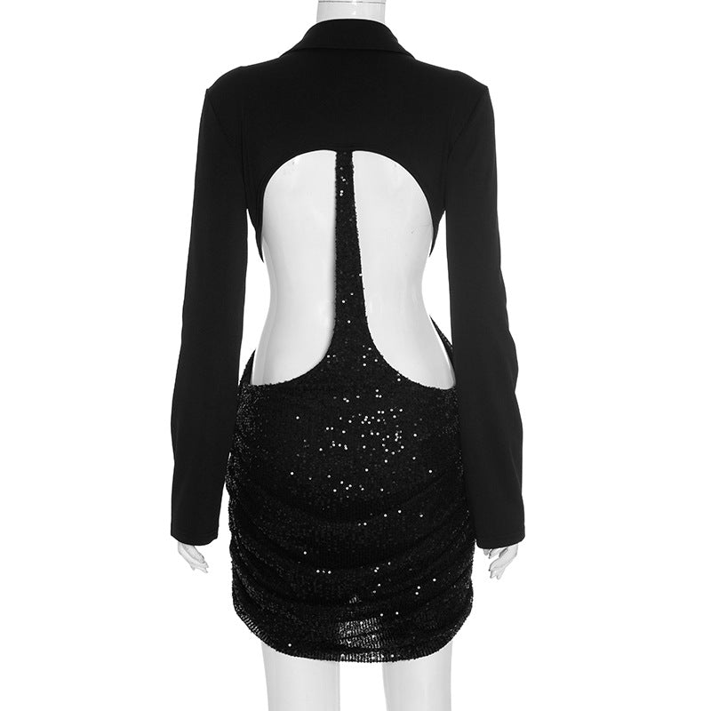 Women Fall Solid Sequined Long-Sleeved Elegant Patchwork Dress 5