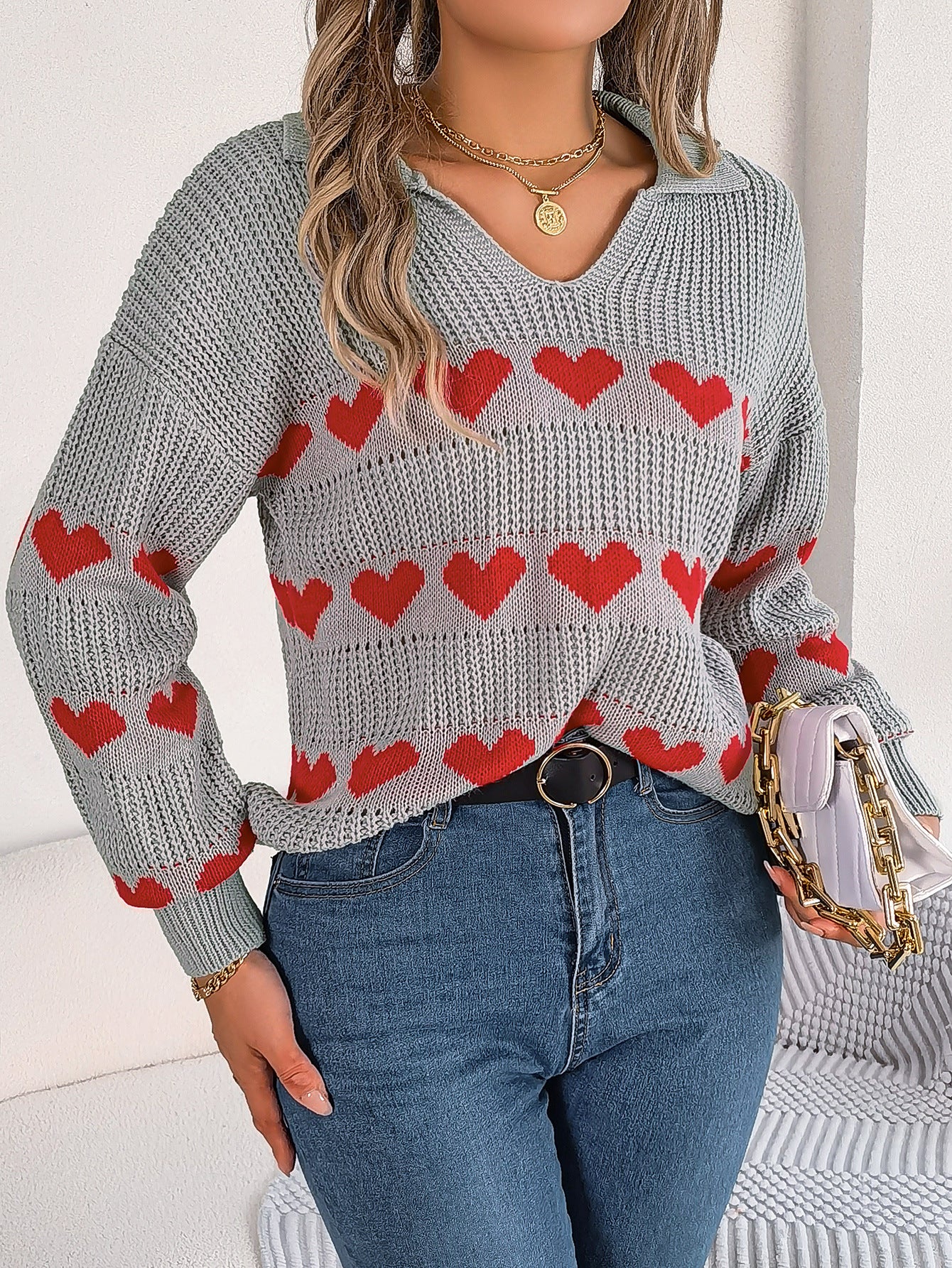 Women Fall/Winter Casual V-neck Balloon Sleeve Heart Print Sweater 7
