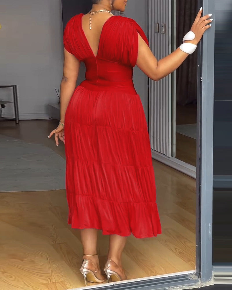 Red V-Neck Sleeveless Slim Waist Pleated A-Line Long Dress 6