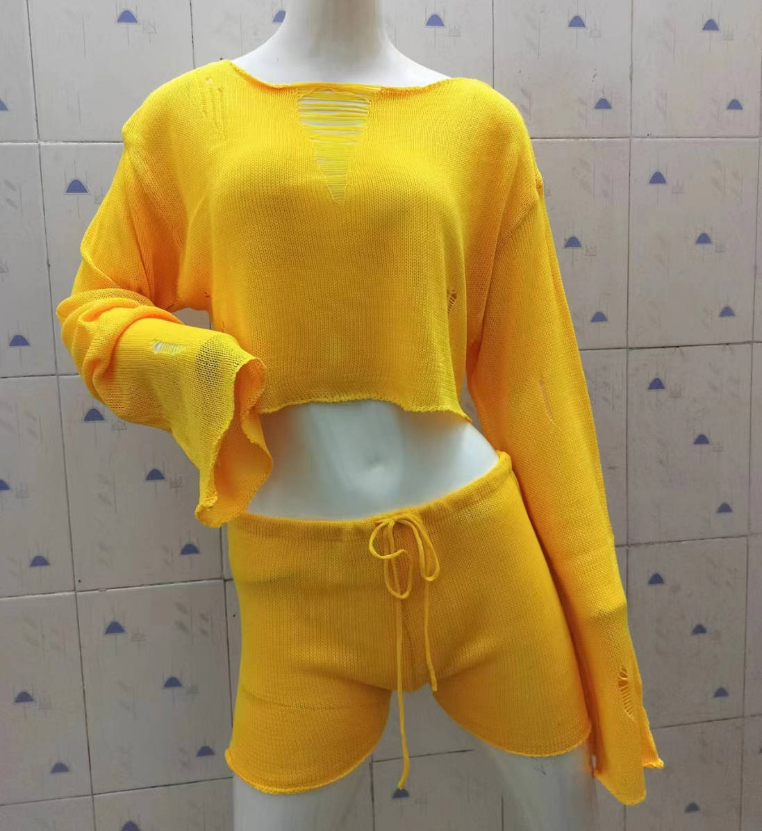 Women Knitting Beach Holidays Top and Shorts Two-piece Set 4