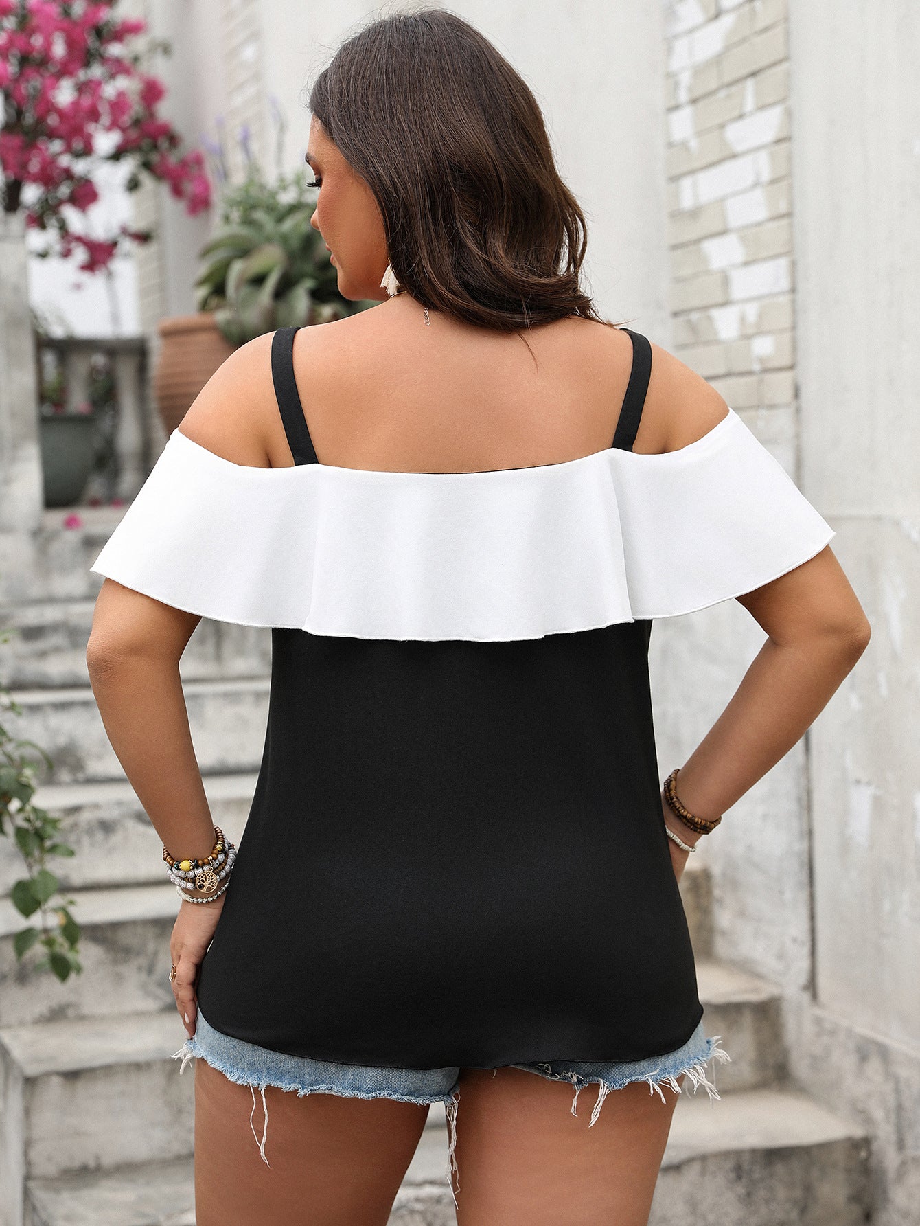 Spring Plus Size Women's Off-Shoulder Ruffle Sleeve Strap Top 3