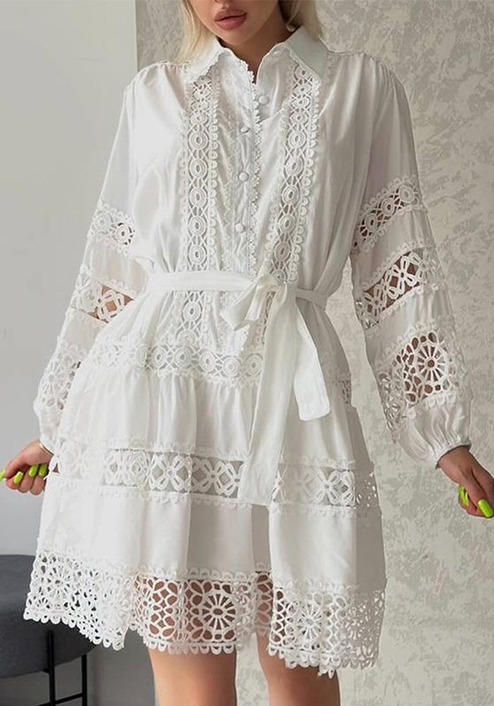 Women's Summer Chic Long Sleeve Hollow Belt Slim Waist Short Dress