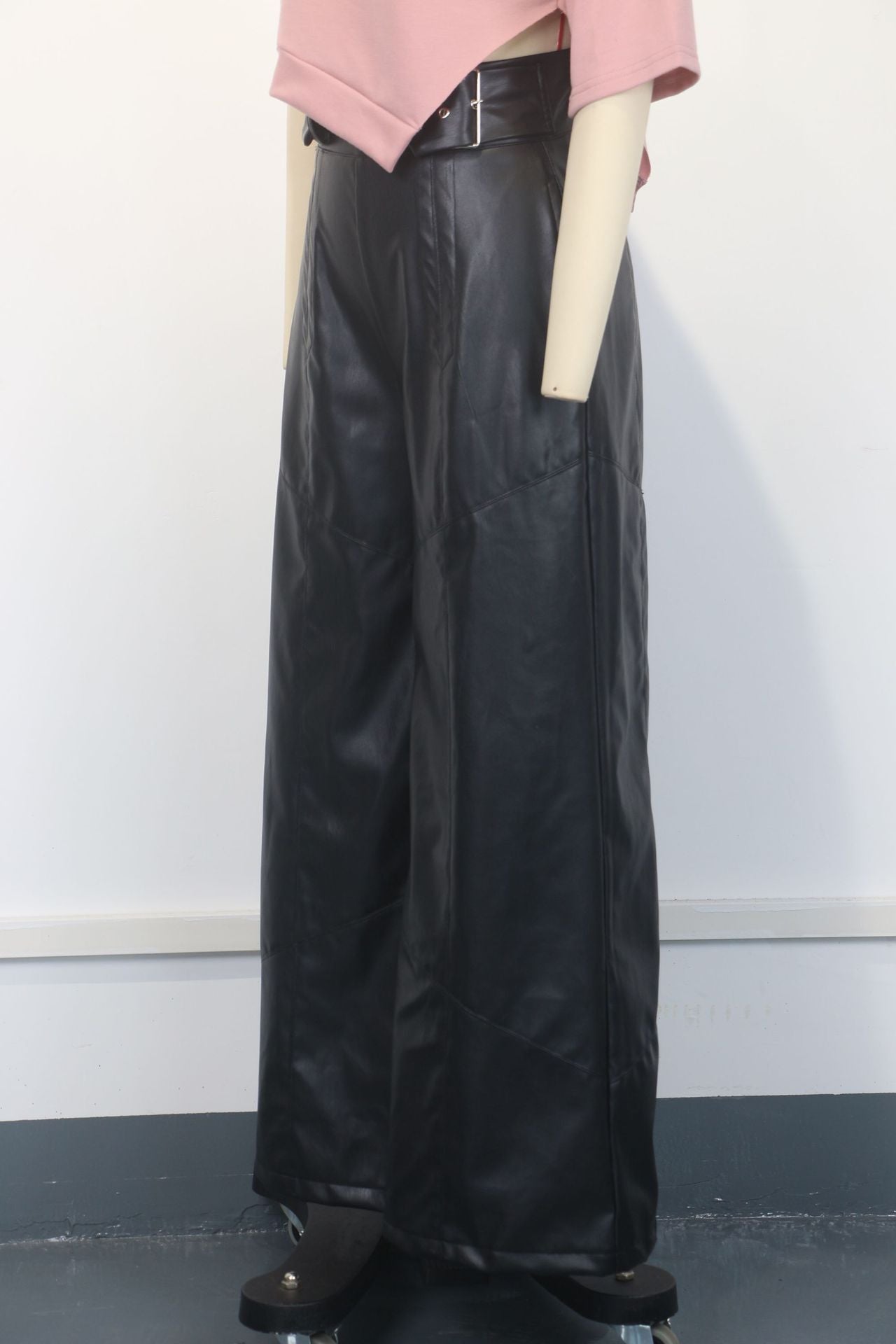 Fashion Women High Waist Loose Pocket Slim Waist Pu Leather Bell Bottom Casual Pants 10