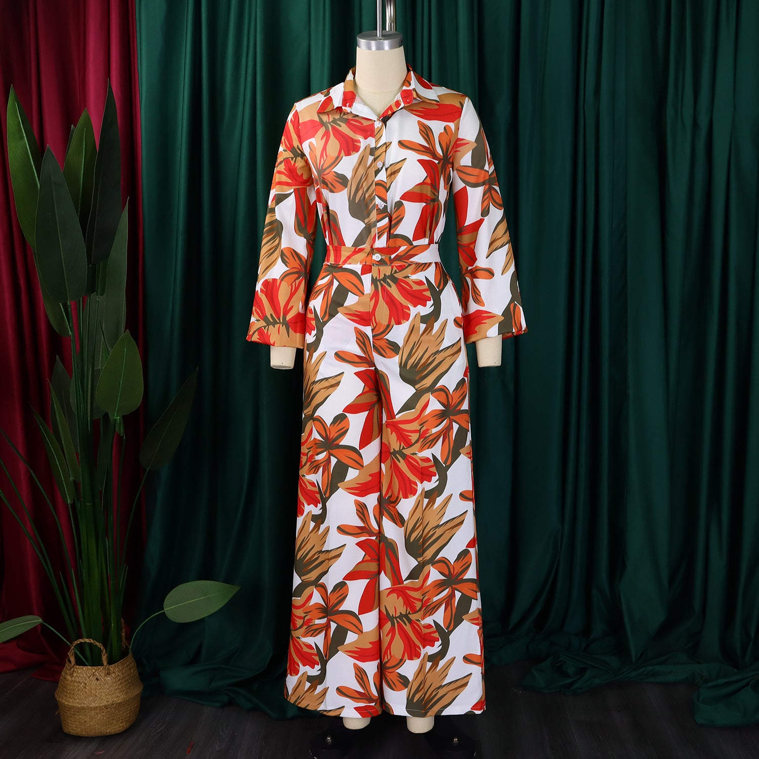 Autumn Spring Printed Long Sleeve Shirt Wide-Leg Pants Two Piece Set 6