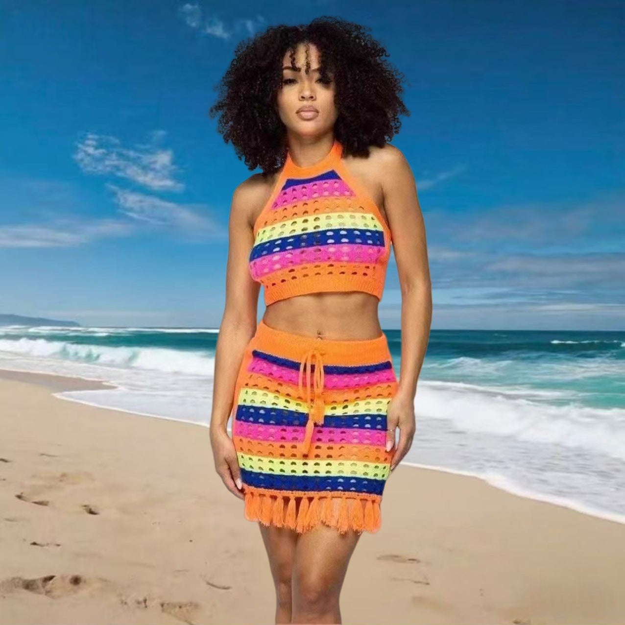 Women multi-color striped hollowed-out knitting halter neck top with tassel bodycon skirt, two-piece set. 5