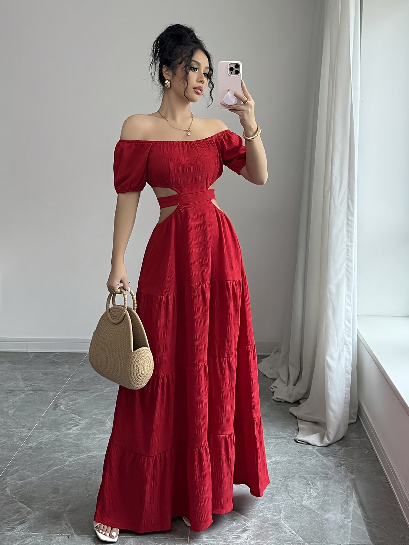 Women Off Shoulder French sexy Holidays Open Waist waist red dress 7