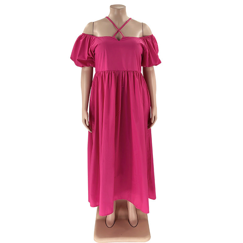 Solid Color Sexy Strapless Halter Neck Plus Size Women's Fashion Loose Short Sleeve Dress 17