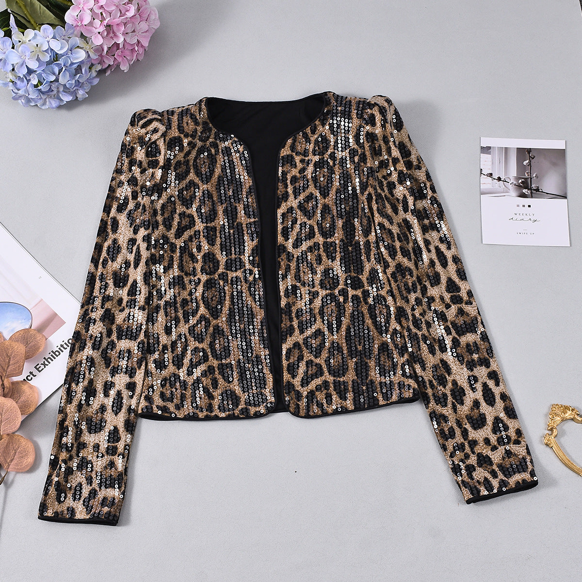 Women Leopard Sequin Long-Sleeved Blazer Coat 7