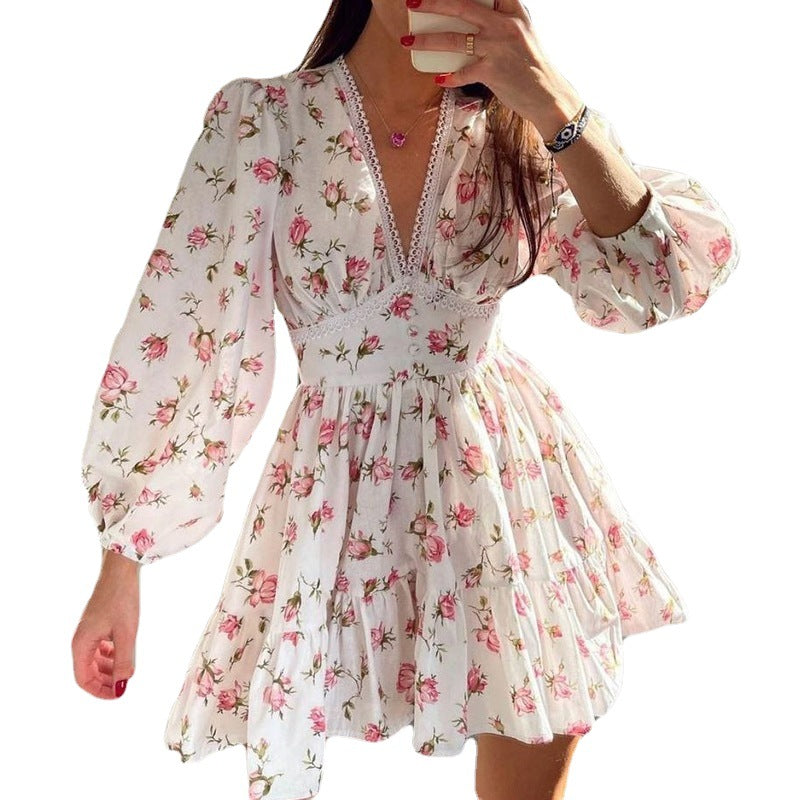 Women'S Fall Chic Sweet Floral Print V-Neck Puff Sleeve A-Line Dress 5