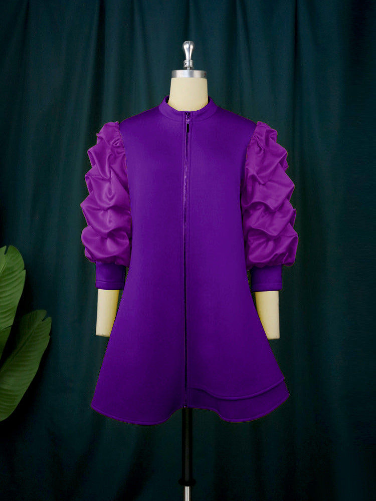 Plus Size Women's Career Stand Collar Pleated Sleeve A-Line Dresses 12