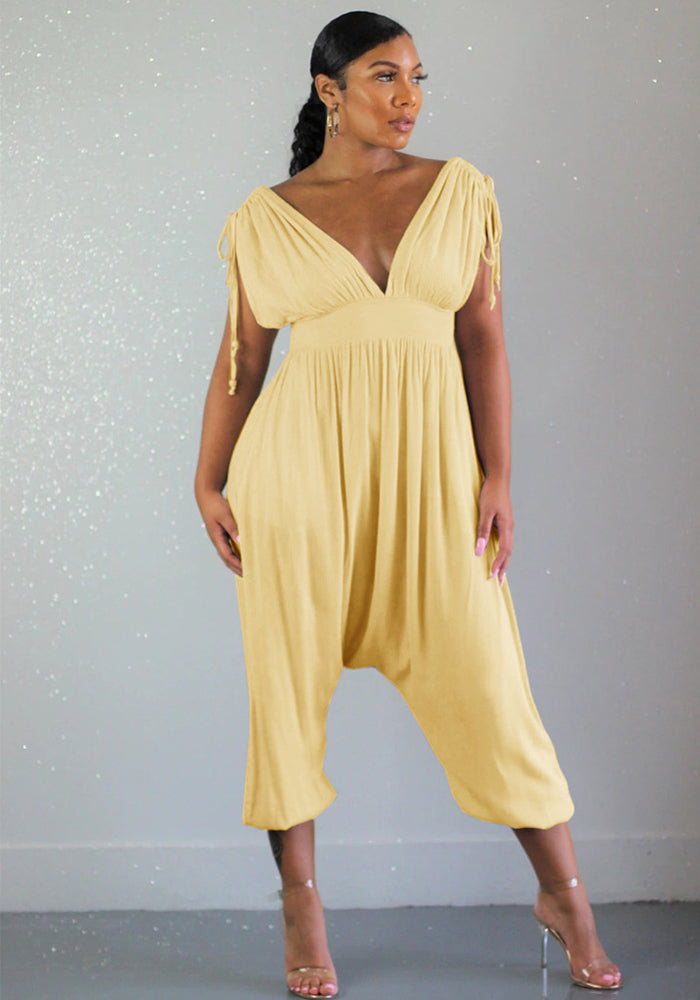 Women Casual Drawstring V Neck Wide Leg Jumpsuit