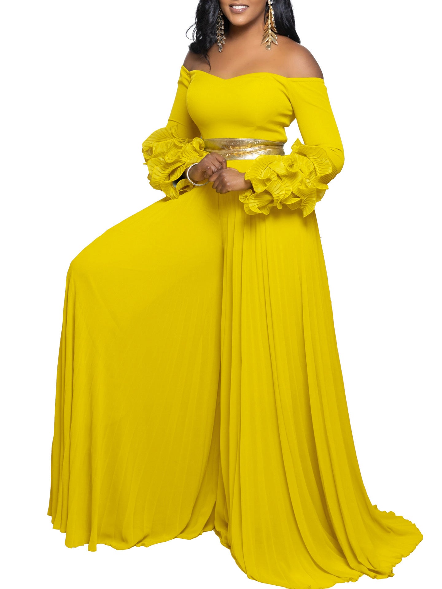 Women Off Shoulder ruffle sleeve solid pleated wide-leg jumpsuit 9