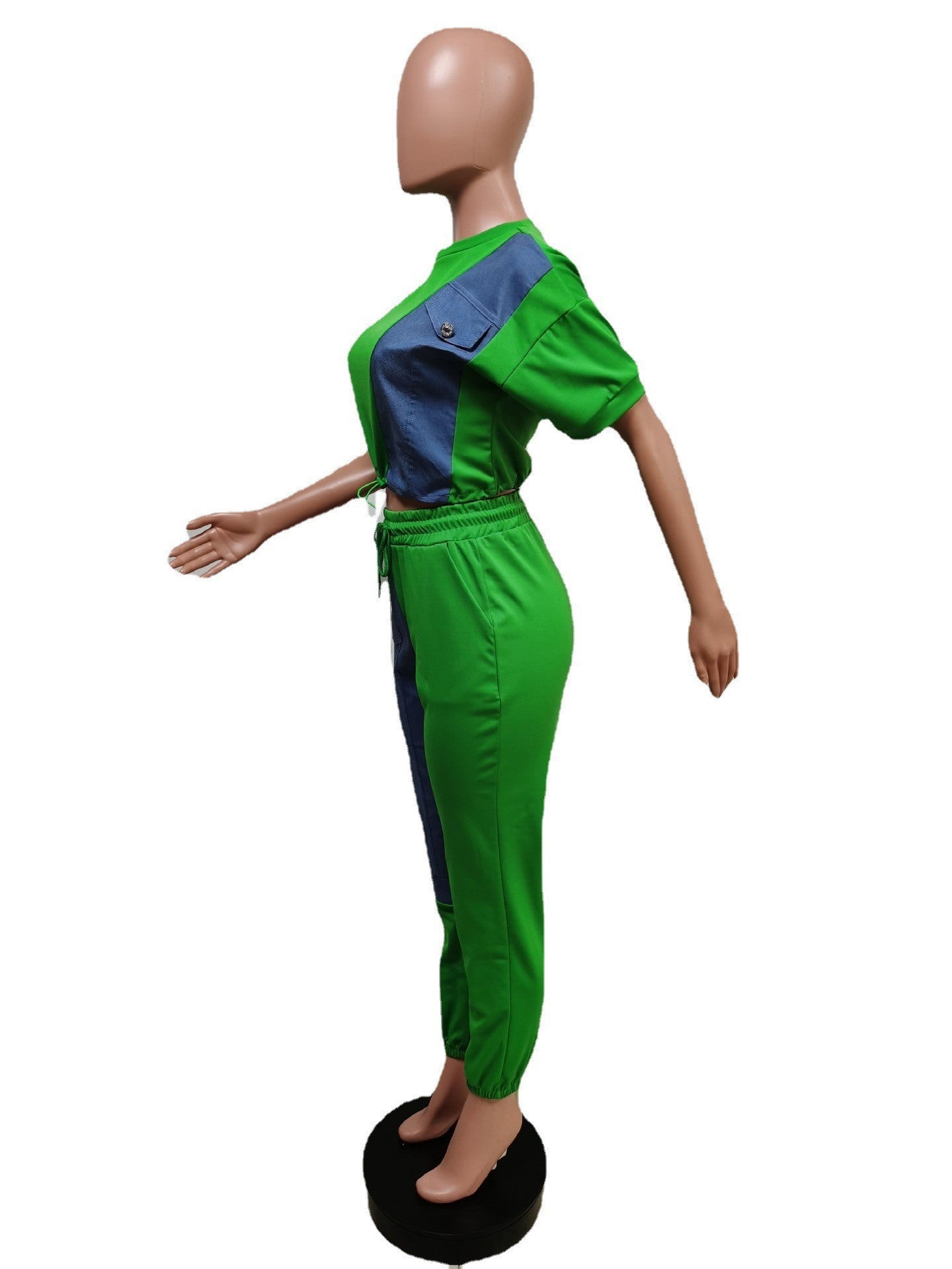 Women Fashion Solid Contrast With Denim Top And Pant Two Piece Set 24