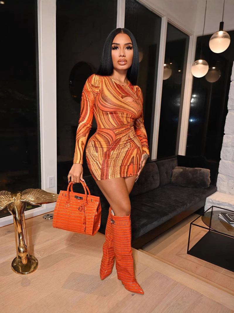 Women's Fashion Hollow Printed Long Sleeve Bodycon Dress