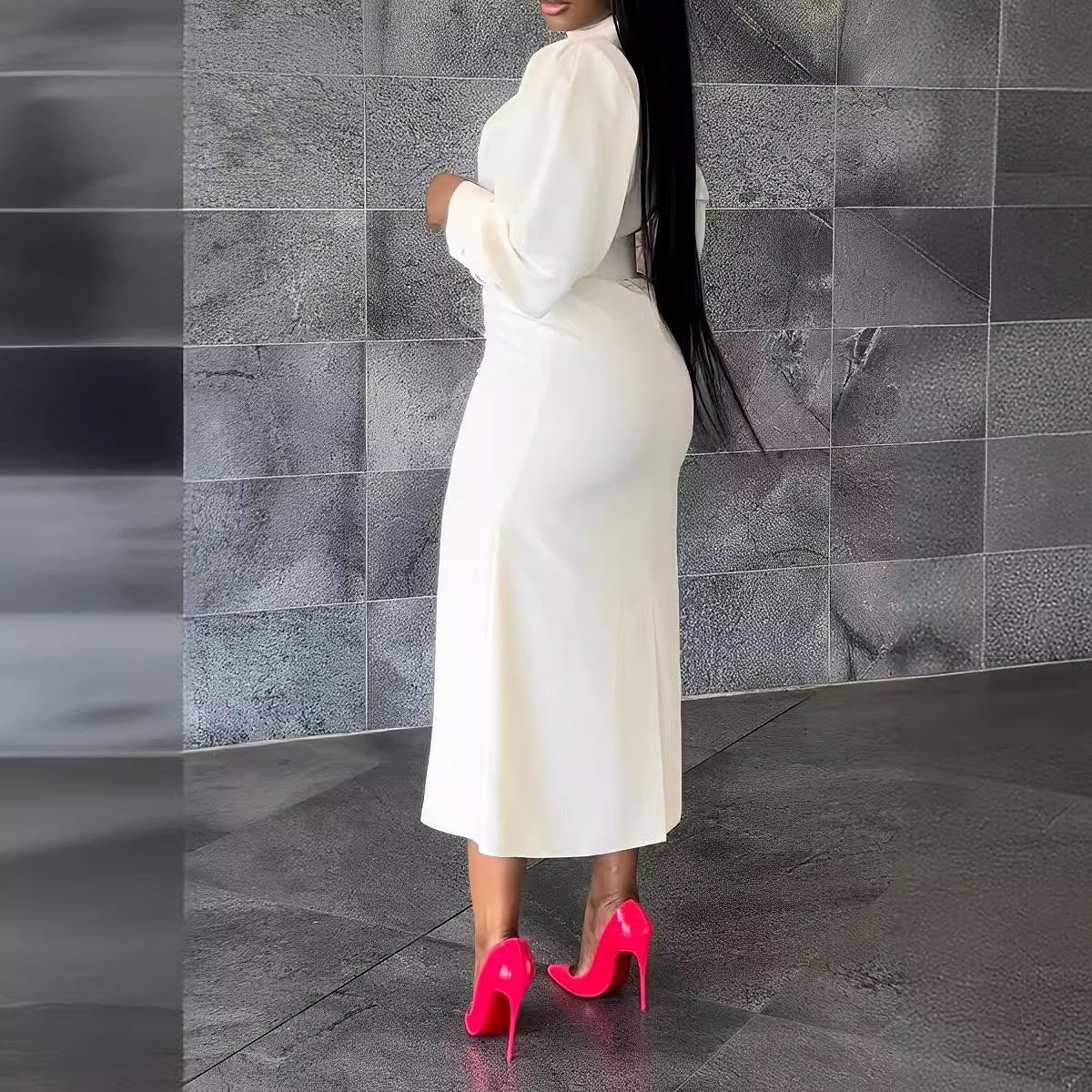 Women Solid Mid-High Neck Long Sleeve Dress 4