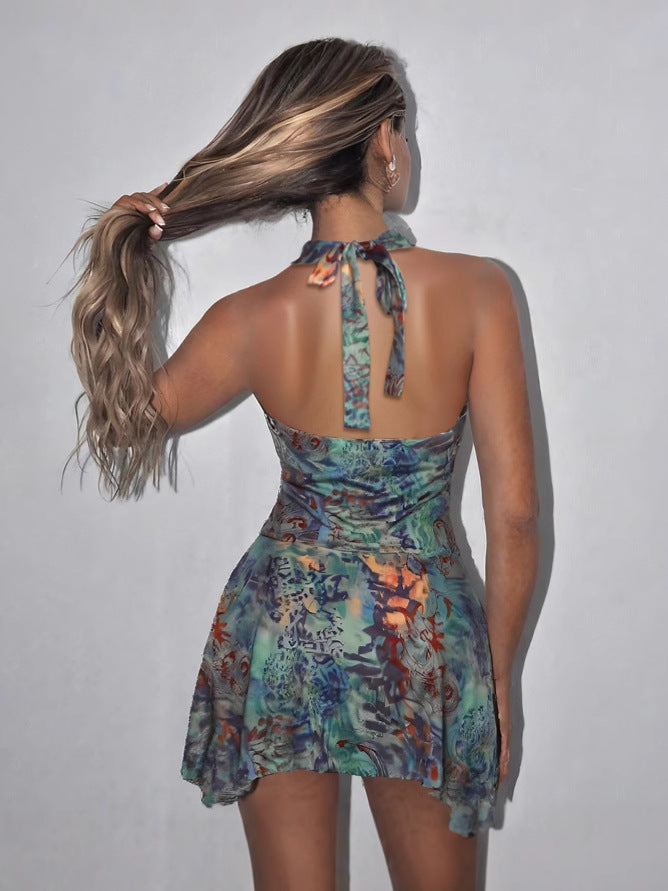 Summer Women's Fashion Chic Sexy Halter Neck Tie Low Back Print Bodycon Dress 6