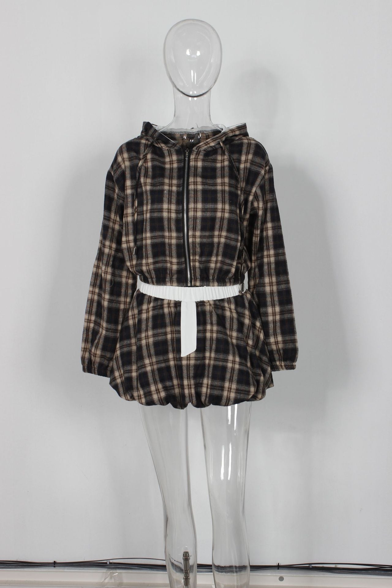 Fashionable print zipper short jacket top bubble short skirt Two Piece Set 8