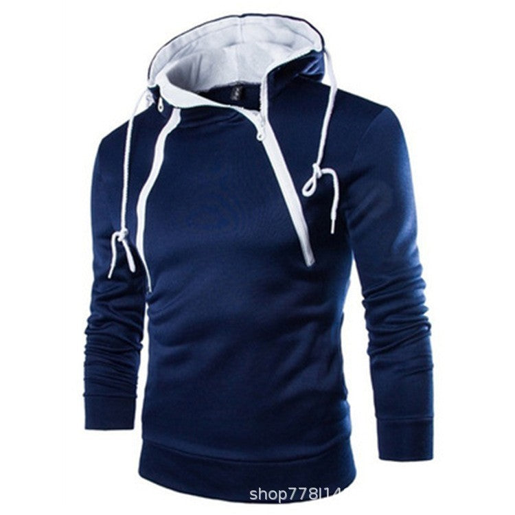 Spring Autumn Fashion Double Zipper Contrasting Hooded Men's Fleece Hoodies 4