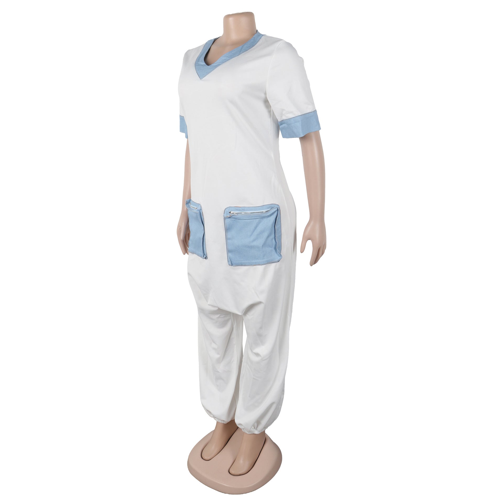 Women Casual Career V-Neck Patchwork Contrast Stretchy Denim Jumpsuit 13