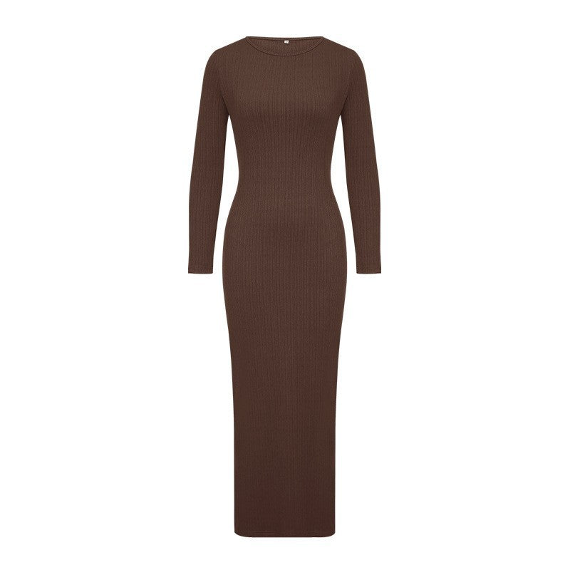 Women autumn solid round neck long-sleeved evening maxi dress 10