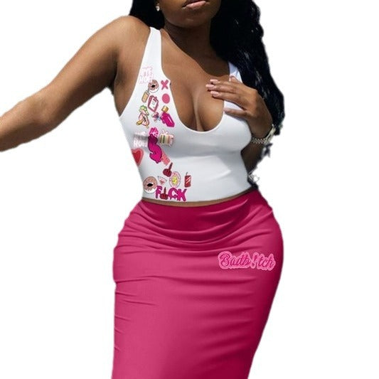 Summer Letter Print Vest Long Skirt Two Piece Set