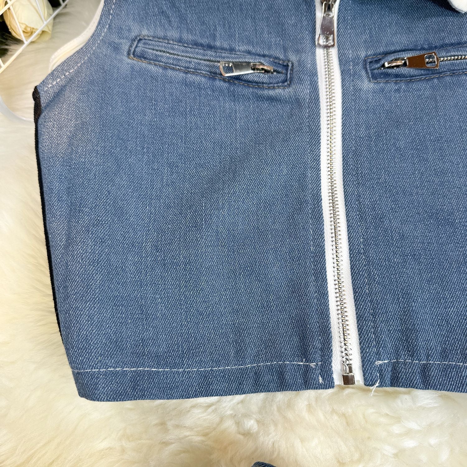 Summer Fashion Sleeveless Short Denim Patchwork Top Wide Leg Trousers Contrast Color Two piece Set for Women 9