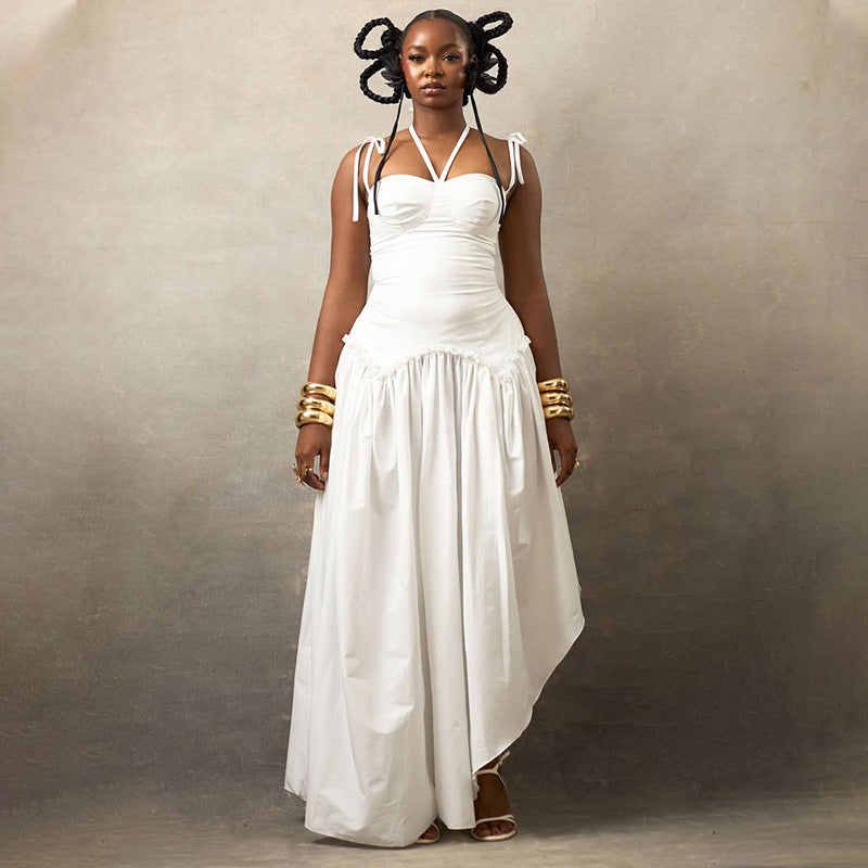 Solid Color slim women's pleated Low Back Halter Neck A-line long dress 3