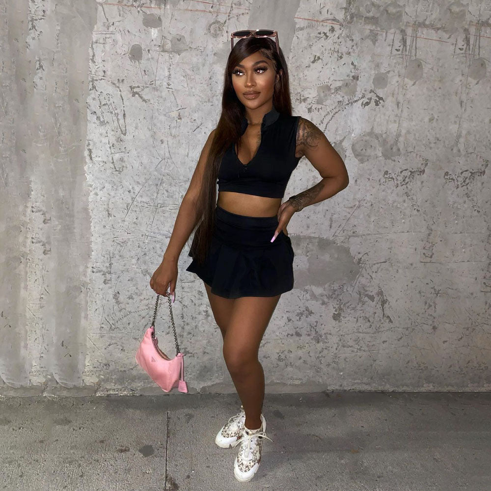 Solid Vest Pleated Skirt Sexy Casual Set 11