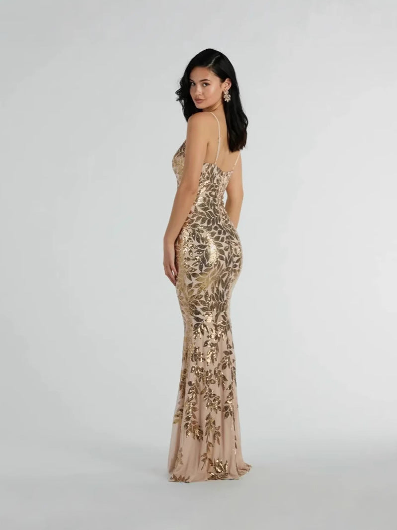 Fashionable Sexy Low Back Strap Sequin Long Dress