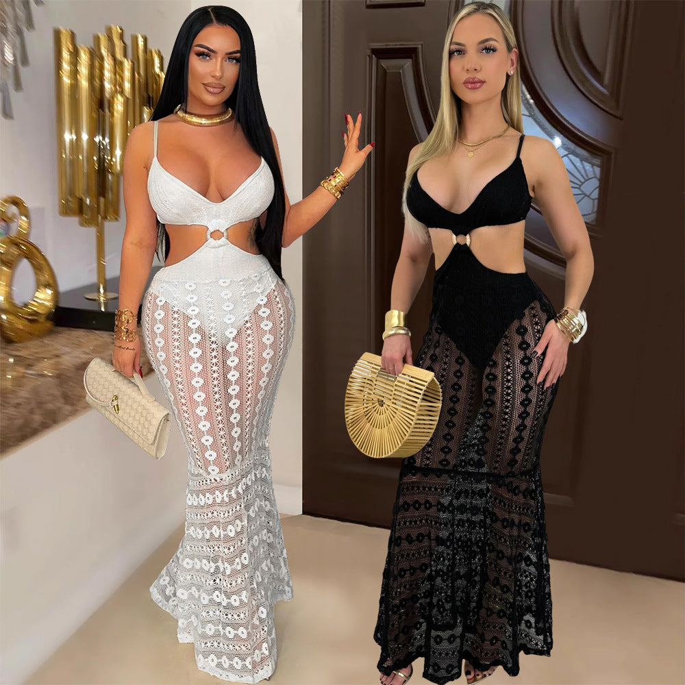 Women Sexy Suspender V-Neck Lace See-Through Bodycon Dress 11