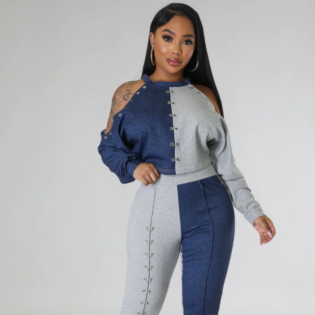 Women's Fall Shoulder Cutout Top Colorblock Metallic Trousers Casual Two Piece Set 3