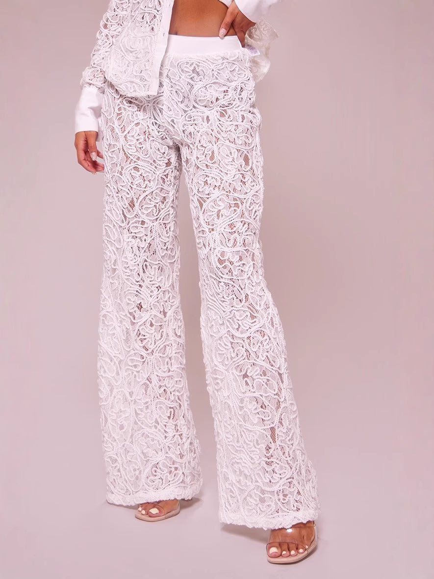 Autumn Slim Sexy Hollow Jacquard Lace Two Piece Pants Set 6