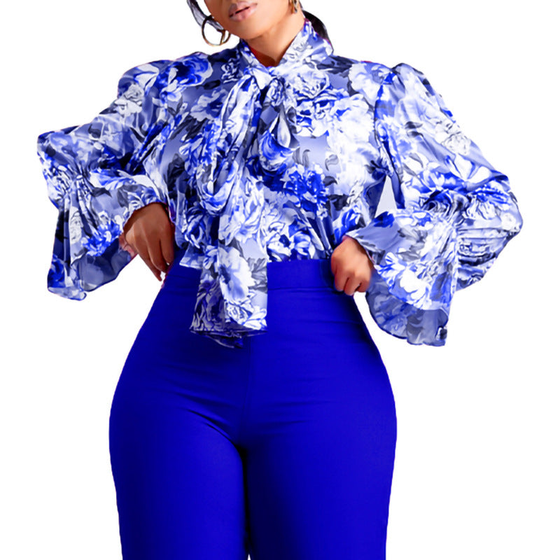 Women's Fashion Chic Slim Fit Printed Lace-Up Plus Size African Shirt 7