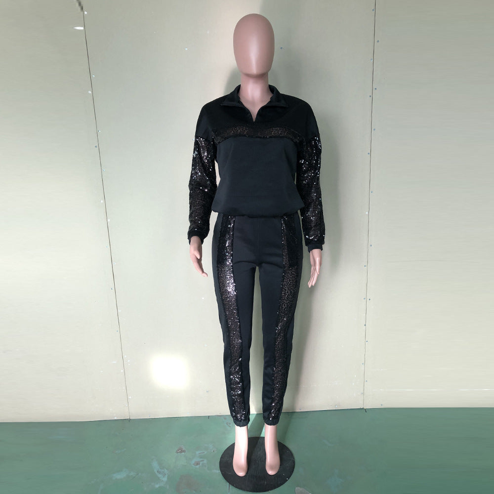 Women Sequin Colorblock Long Sleeve Top and Pant Two Piece Set 11
