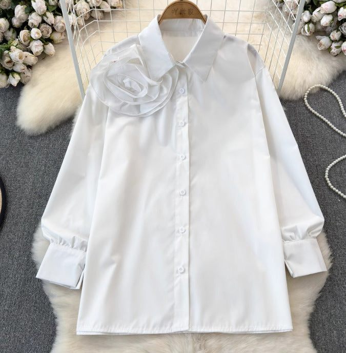 Women spring and autumn floral long-sleeved Turndown Collar Solid Casual Top