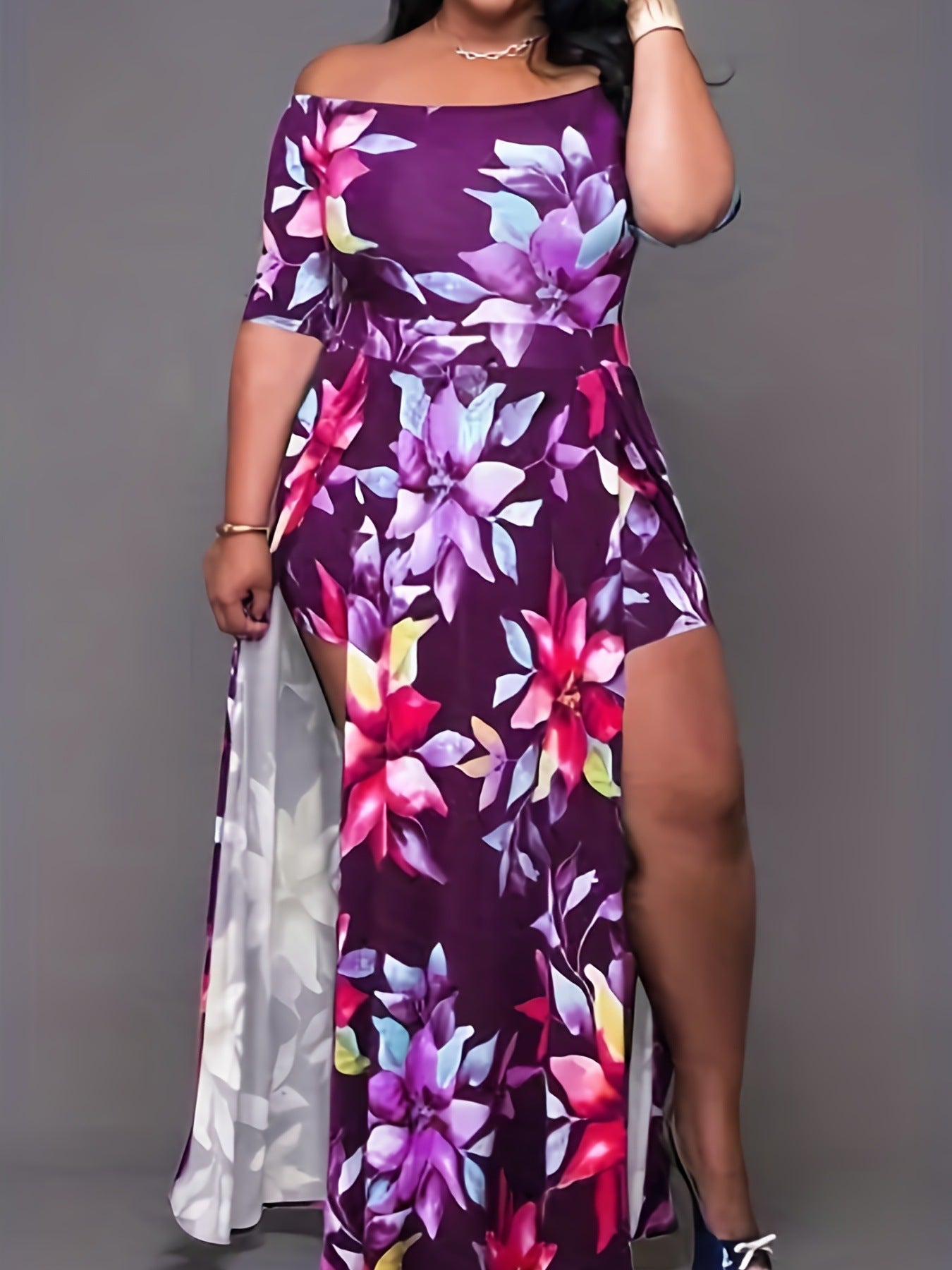 Women's Flowers Off Shoulder Fashion Plus Size Dress 6