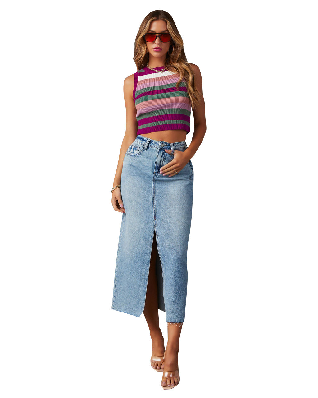 High Waist Slit Washed Denim Mid-Length Skirt For Women 7