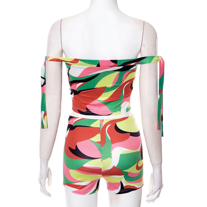 Women Spring and Summer Multi-Color Printed Off Shoulder Lace-Up Crop Top and ShortsTwo Piece Set 9