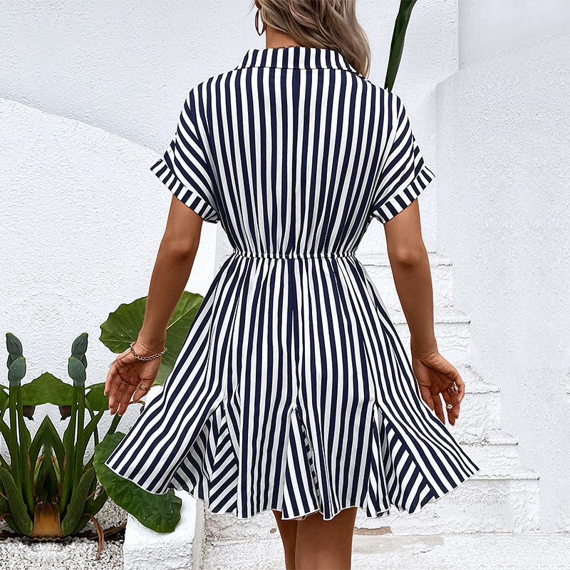 summer Turndown Collar Striped Slim Waist shirt dress 3