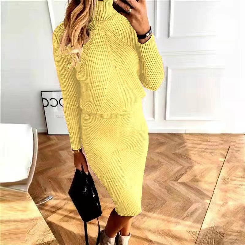 Women turtleneck knitting Solid sweater and Skirt two-piece set 38