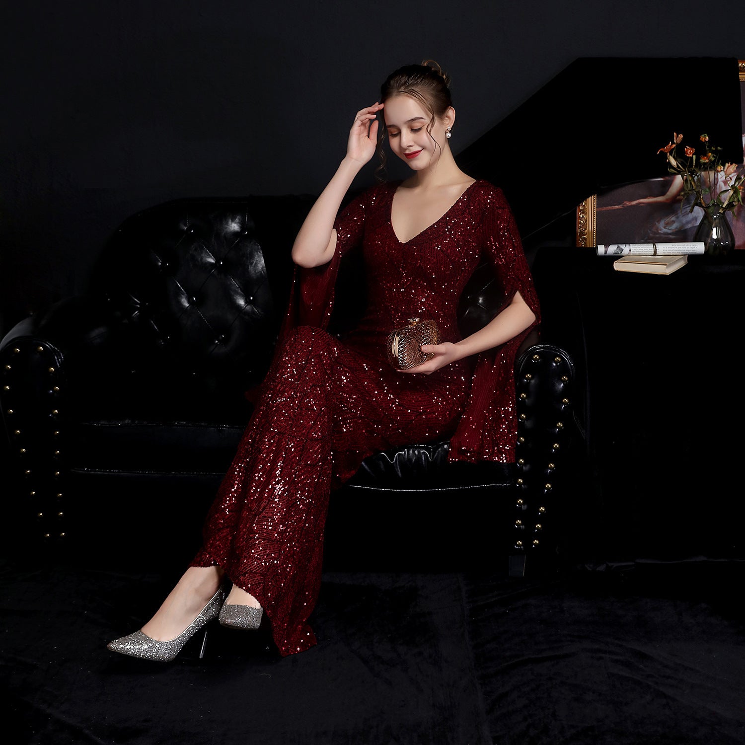 Autumn occasional sheer sequin V-Neck mermaid evening dress 8