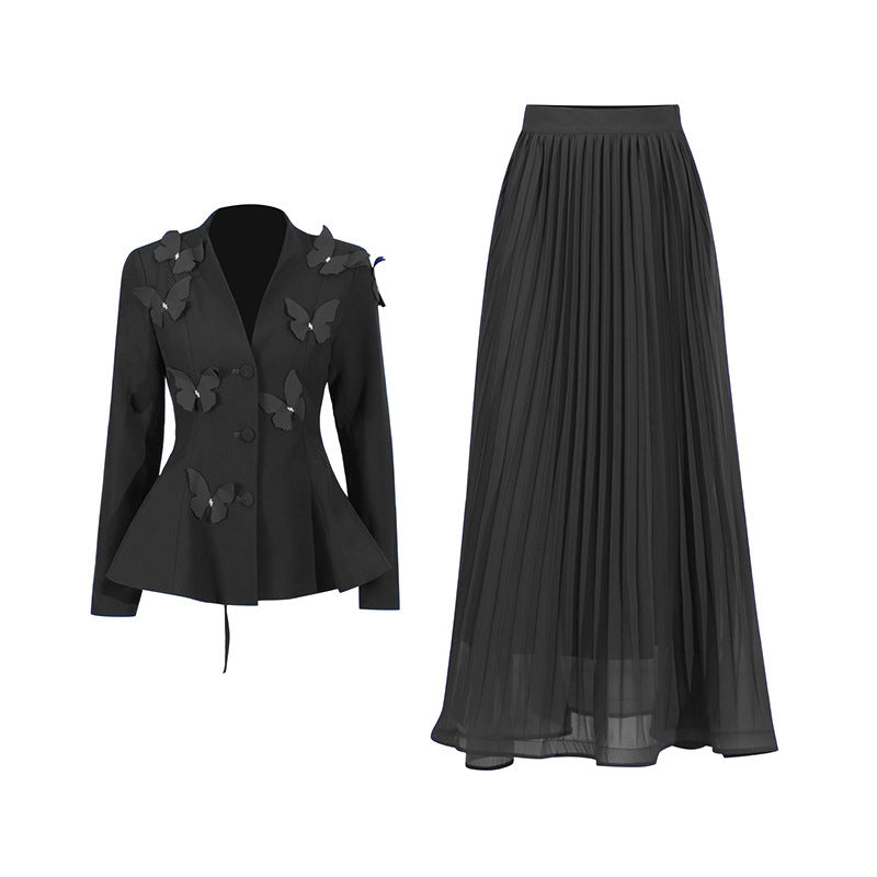 Women Elegant Butterfly Blazer Jacket + Pleated Skirt Two-piece Set 13
